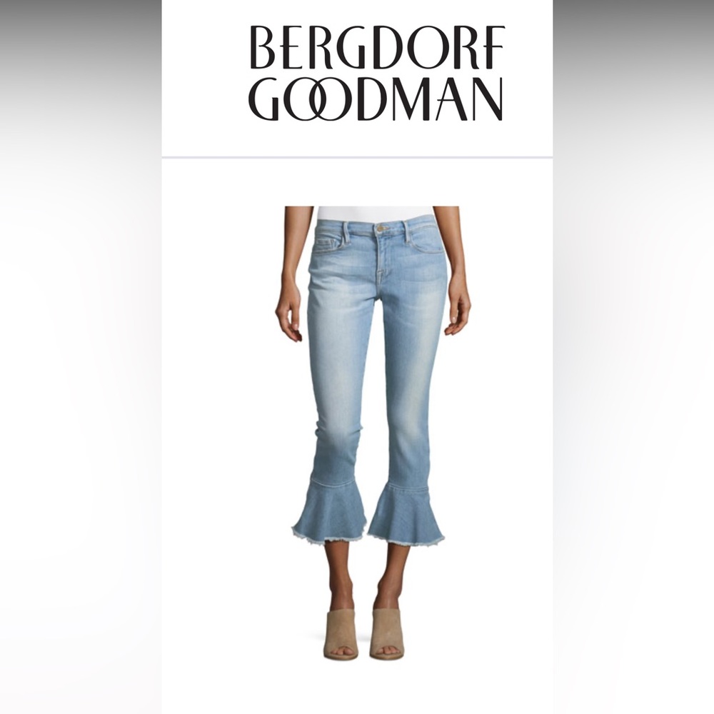 FRAME LE SKINNY DE JEANNE FLOUNCE ANKLE JEANS WITH RAW EDGE HEM